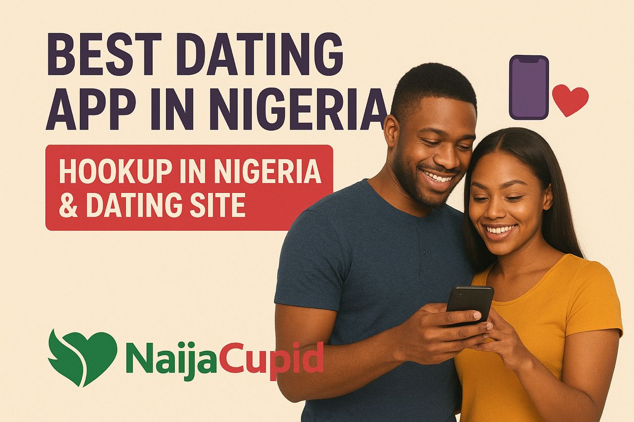 A smiling Nigerian couple standing close together, looking at a smartphone, symbolizing online dating and connection. The text reads “Best Dating App 